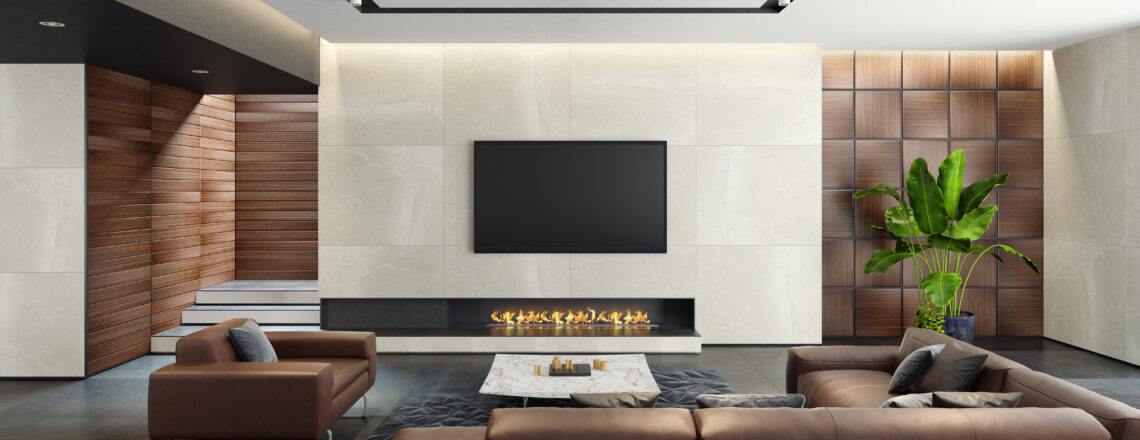 Modern spacious minimalist living room with eco fireplace